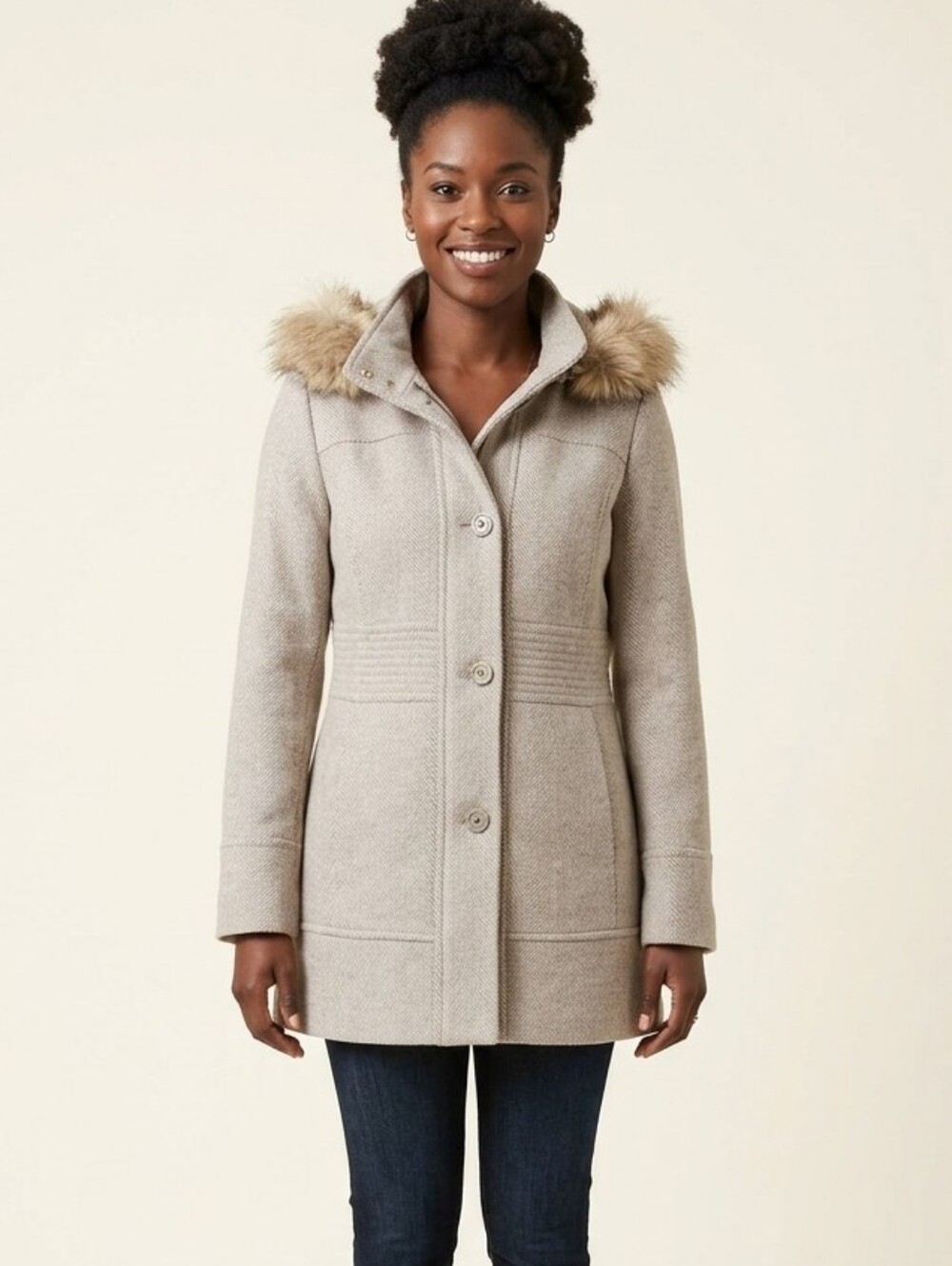 Esprit Women's Taupe Hooded Wool-Blend Coat with Faux Fur Trim L